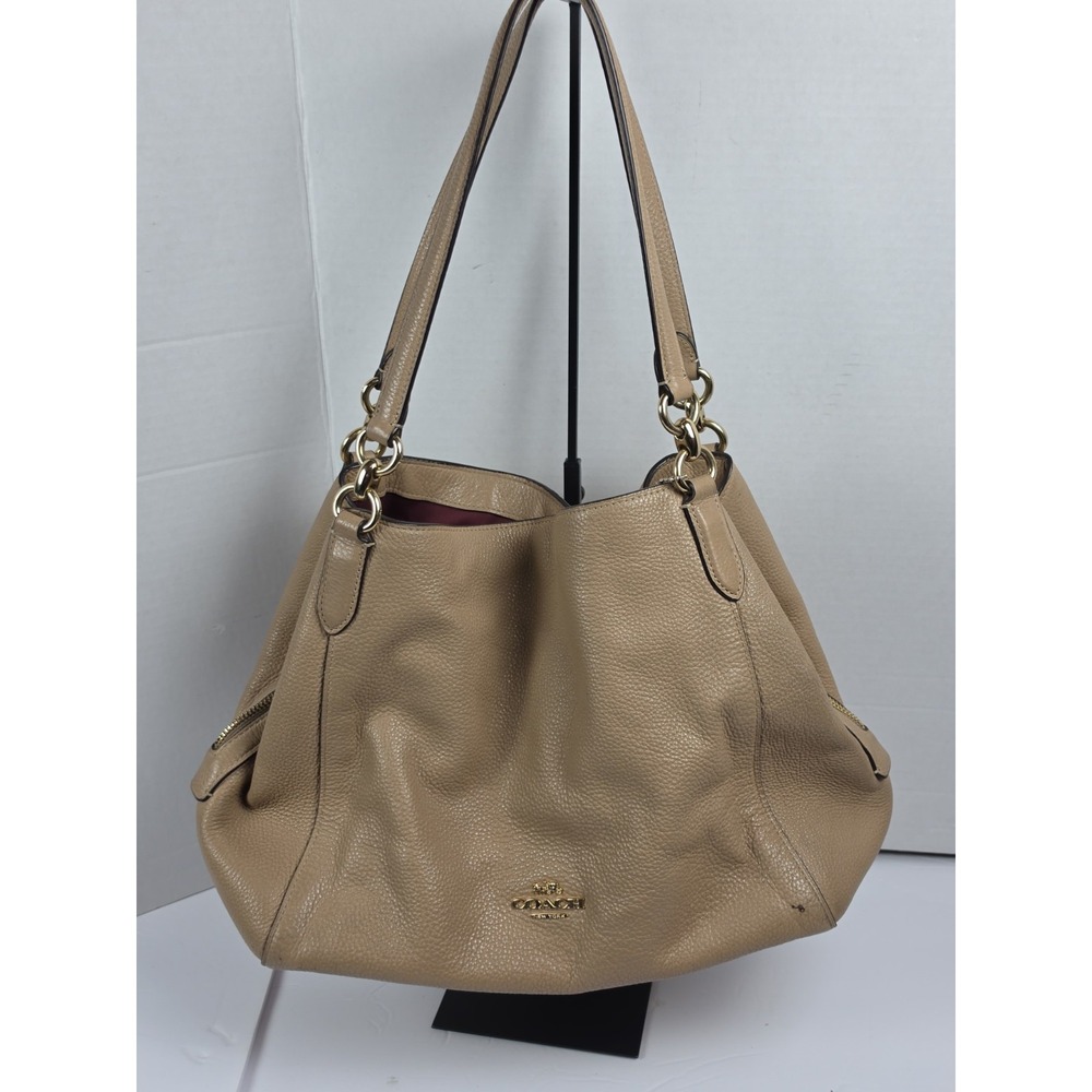 Coach Hallie Pebbled Leather Shoulder Bag Taupe Beige A2080-80268 READ